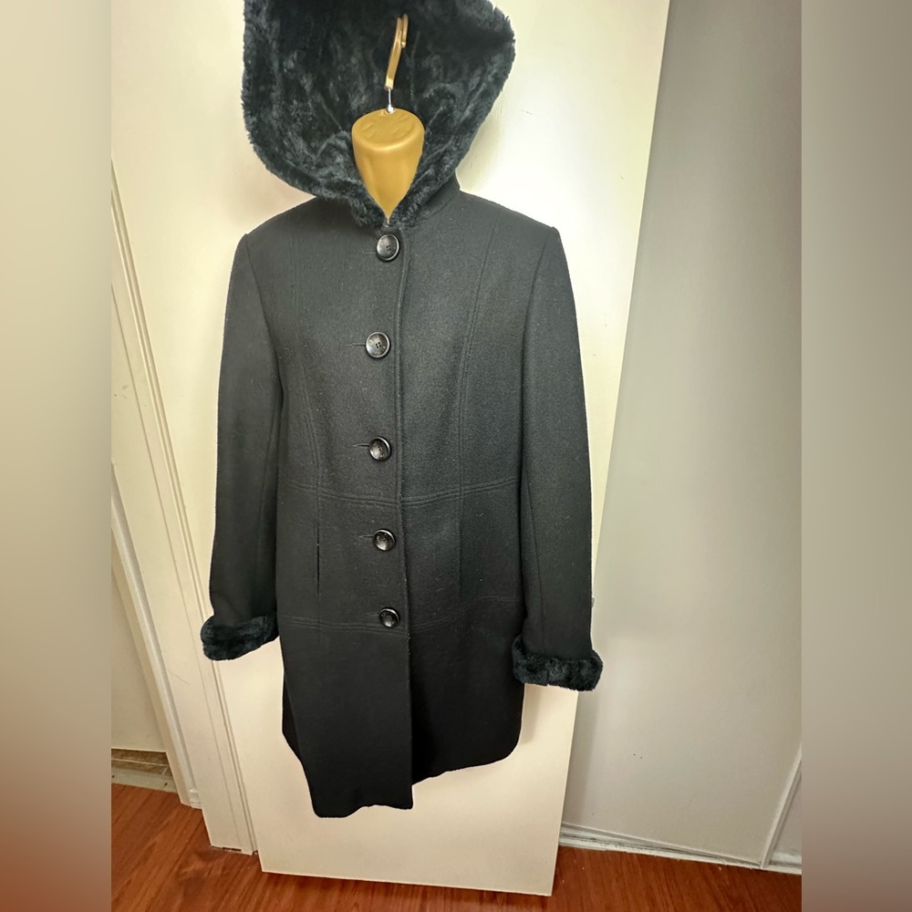 Esprit Black Y2K Vintage Mob Wife Penny Lane Faux Fur Hood Wool Coat W/Pockets S